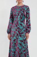 Laden Sie das Bild in den Galerie-Viewer, Fuchsia A-Linie Rundhals Samt Blumen Midi Mutter der Braut Kleid mit langen Ärmeln