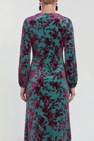 Laden Sie das Bild in den Galerie-Viewer, Fuchsia A-Linie Rundhals Samt Blumen Midi Mutter der Braut Kleid mit langen Ärmeln