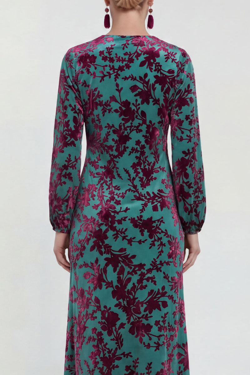 Laden Sie das Bild in den Galerie-Viewer, Fuchsia A-Linie Rundhals Samt Blumen Midi Mutter der Braut Kleid mit langen Ärmeln