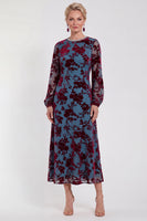 Laden Sie das Bild in den Galerie-Viewer, Fuchsia A-Linie Rundhals Samt Blumen Midi Mutter der Braut Kleid mit langen Ärmeln