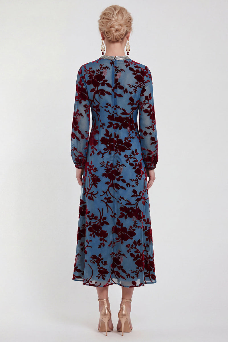 Laden Sie das Bild in den Galerie-Viewer, Fuchsia A-Linie Rundhals Samt Blumen Midi Mutter der Braut Kleid mit langen Ärmeln