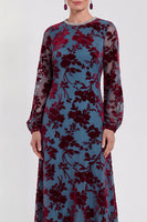 Laden Sie das Bild in den Galerie-Viewer, Fuchsia A-Linie Rundhals Samt Blumen Midi Mutter der Braut Kleid mit langen Ärmeln