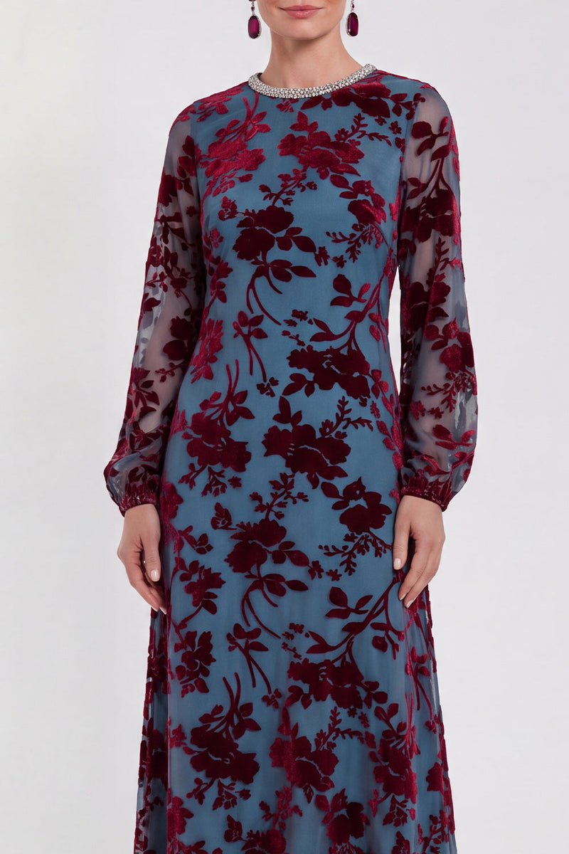 Laden Sie das Bild in den Galerie-Viewer, Fuchsia A-Linie Rundhals Samt Blumen Midi Mutter der Braut Kleid mit langen Ärmeln
