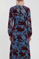 Laden Sie das Bild in den Galerie-Viewer, Fuchsia A-Linie Rundhals Samt Blumen Midi Mutter der Braut Kleid mit langen Ärmeln