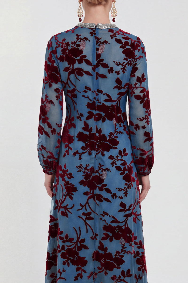 Laden Sie das Bild in den Galerie-Viewer, Fuchsia A-Linie Rundhals Samt Blumen Midi Mutter der Braut Kleid mit langen Ärmeln