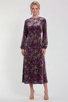 Laden Sie das Bild in den Galerie-Viewer, Fuchsia A-Linie Rundhals Samt Blumen Midi Mutter der Braut Kleid mit langen Ärmeln