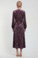 Laden Sie das Bild in den Galerie-Viewer, Fuchsia A-Linie Rundhals Samt Blumen Midi Mutter der Braut Kleid mit langen Ärmeln