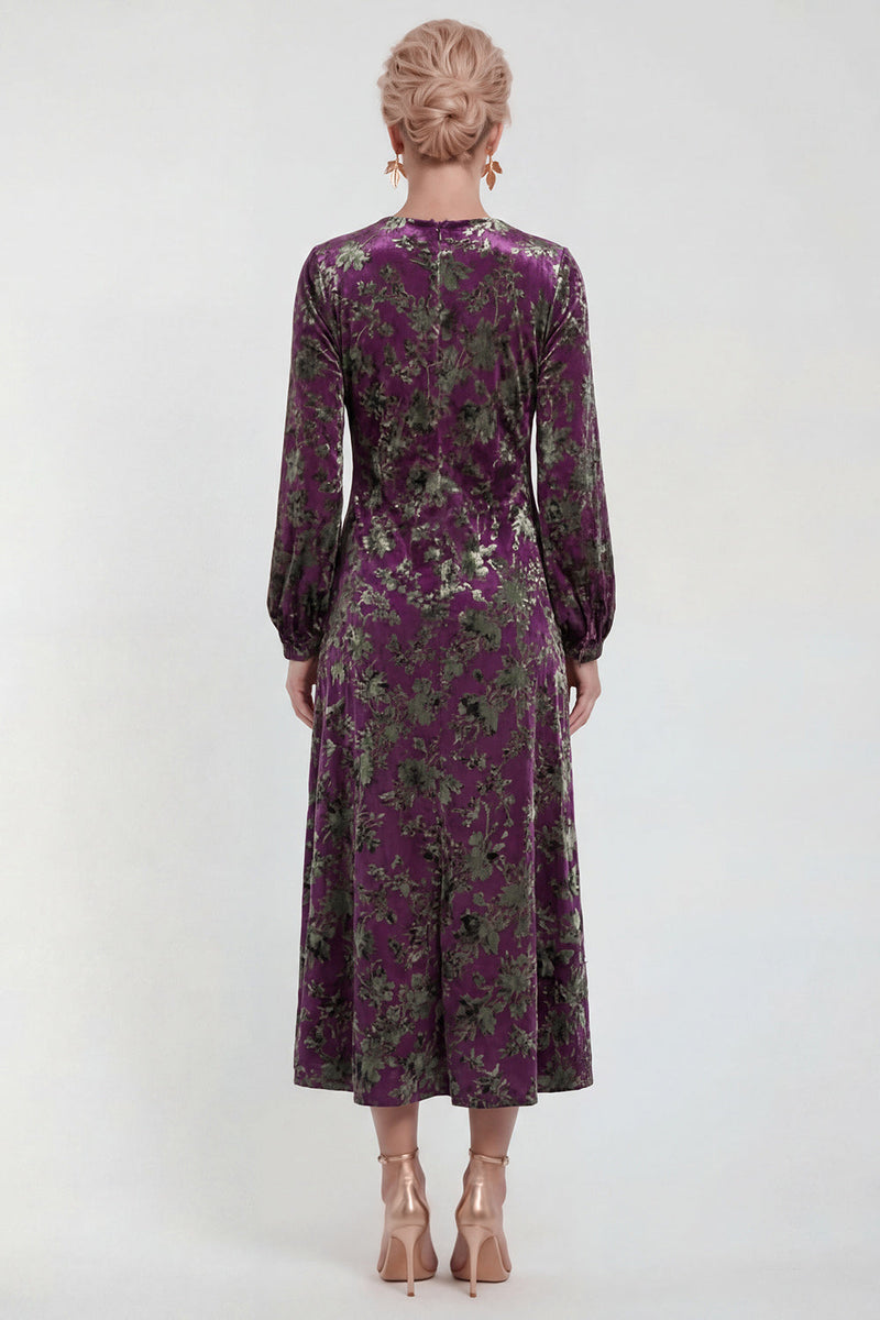 Laden Sie das Bild in den Galerie-Viewer, Fuchsia A-Linie Rundhals Samt Blumen Midi Mutter der Braut Kleid mit langen Ärmeln