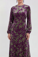 Laden Sie das Bild in den Galerie-Viewer, Fuchsia A-Linie Rundhals Samt Blumen Midi Mutter der Braut Kleid mit langen Ärmeln