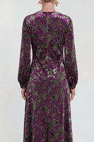 Laden Sie das Bild in den Galerie-Viewer, Fuchsia A-Linie Rundhals Samt Blumen Midi Mutter der Braut Kleid mit langen Ärmeln