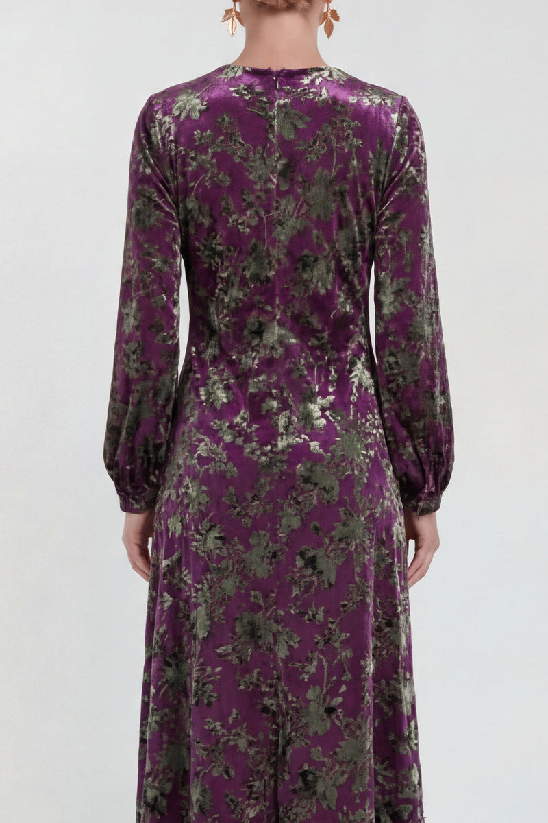 Laden Sie das Bild in den Galerie-Viewer, Fuchsia A-Linie Rundhals Samt Blumen Midi Mutter der Braut Kleid mit langen Ärmeln