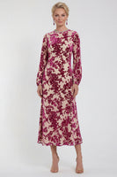 Laden Sie das Bild in den Galerie-Viewer, Fuchsia A-Linie Rundhals Samt Blumen Midi Mutter der Braut Kleid mit langen Ärmeln