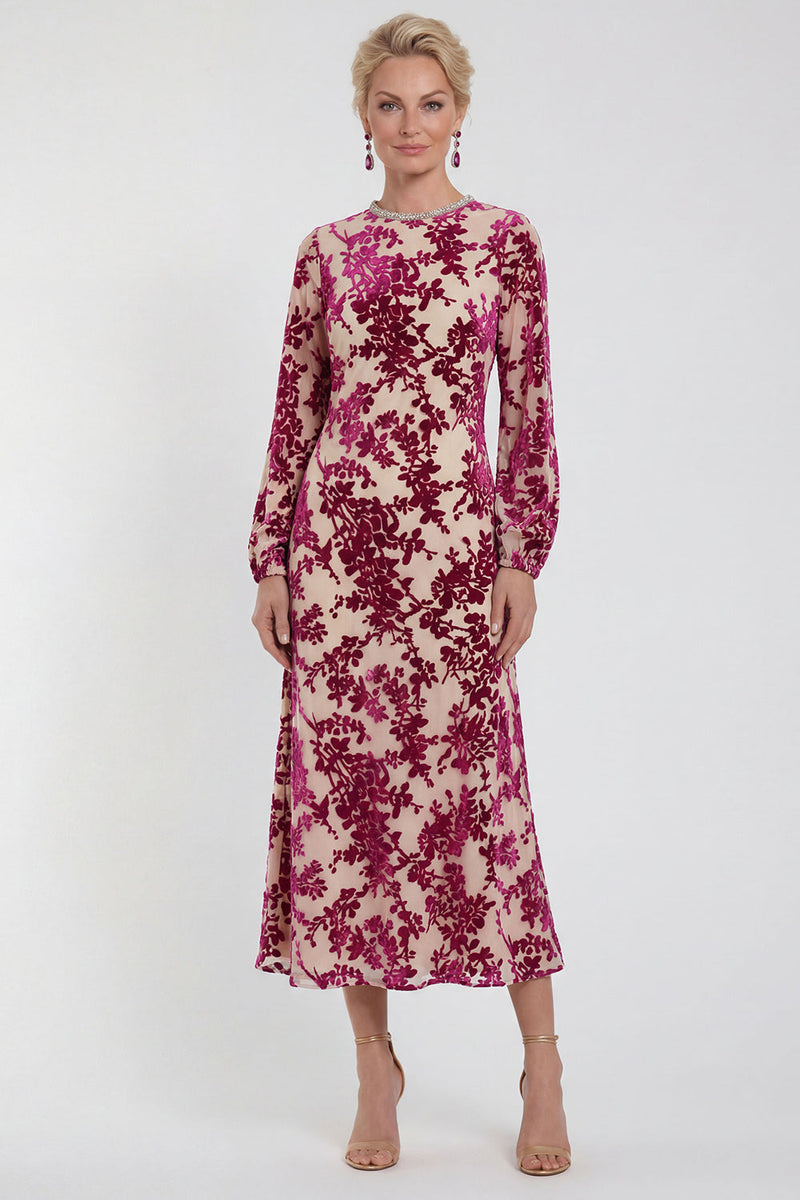 Laden Sie das Bild in den Galerie-Viewer, Fuchsia A-Linie Rundhals Samt Blumen Midi Mutter der Braut Kleid mit langen Ärmeln