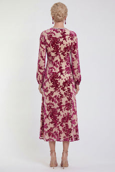 Fuchsia A-Linie Rundhals Samt Blumen Midi Mutter der Braut Kleid mit langen Ärmeln