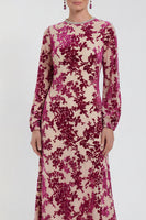 Laden Sie das Bild in den Galerie-Viewer, Fuchsia A-Linie Rundhals Samt Blumen Midi Mutter der Braut Kleid mit langen Ärmeln
