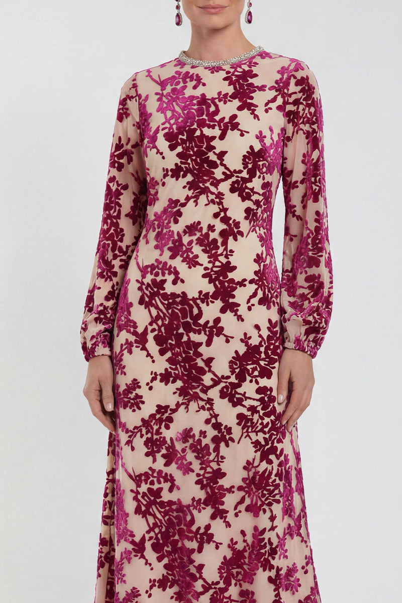 Laden Sie das Bild in den Galerie-Viewer, Fuchsia A-Linie Rundhals Samt Blumen Midi Mutter der Braut Kleid mit langen Ärmeln