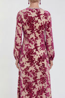Laden Sie das Bild in den Galerie-Viewer, Fuchsia A-Linie Rundhals Samt Blumen Midi Mutter der Braut Kleid mit langen Ärmeln