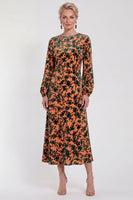 Laden Sie das Bild in den Galerie-Viewer, Fuchsia A-Linie Rundhals Samt Blumen Midi Mutter der Braut Kleid mit langen Ärmeln