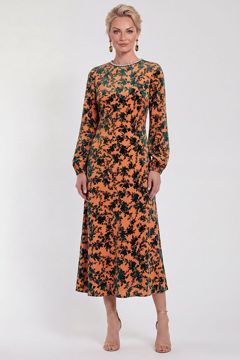 Laden Sie das Bild in den Galerie-Viewer, Fuchsia A-Linie Rundhals Samt Blumen Midi Mutter der Braut Kleid mit langen Ärmeln