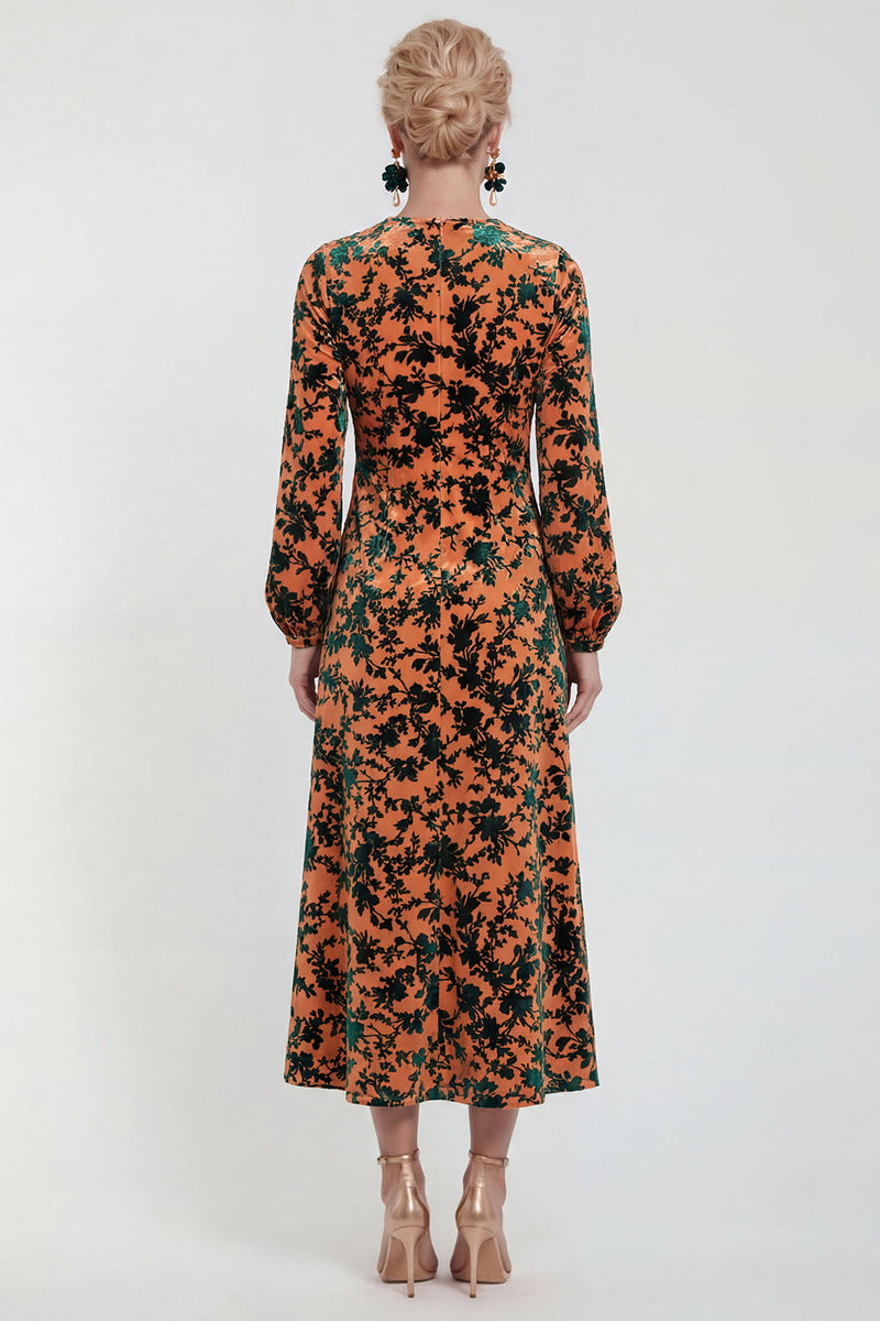 Laden Sie das Bild in den Galerie-Viewer, Fuchsia A-Linie Rundhals Samt Blumen Midi Mutter der Braut Kleid mit langen Ärmeln