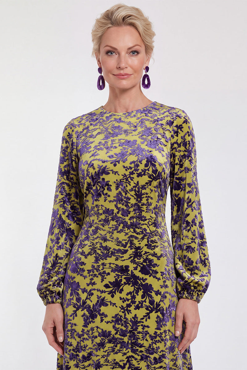 Laden Sie das Bild in den Galerie-Viewer, Fuchsia A-Linie Rundhals Samt Blumen Midi Mutter der Braut Kleid mit langen Ärmeln