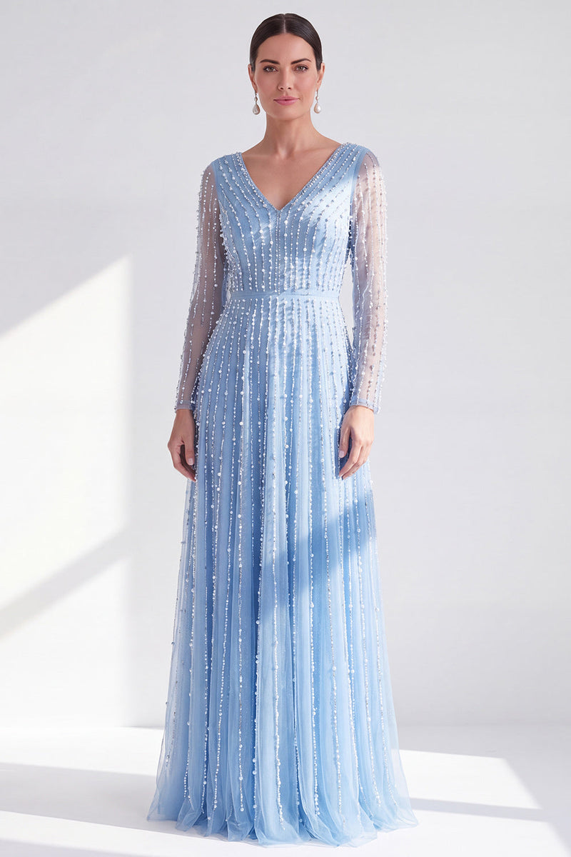 Laden Sie das Bild in den Galerie-Viewer, A-Linie Dunkelviolettes V-Ausschnitt Langes Kleid der Mutter der Braut mit langen Ärmeln