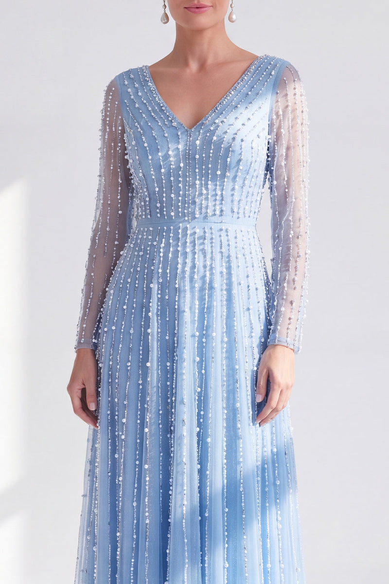 Laden Sie das Bild in den Galerie-Viewer, A-Linie Dunkelviolettes V-Ausschnitt Langes Kleid der Mutter der Braut mit langen Ärmeln
