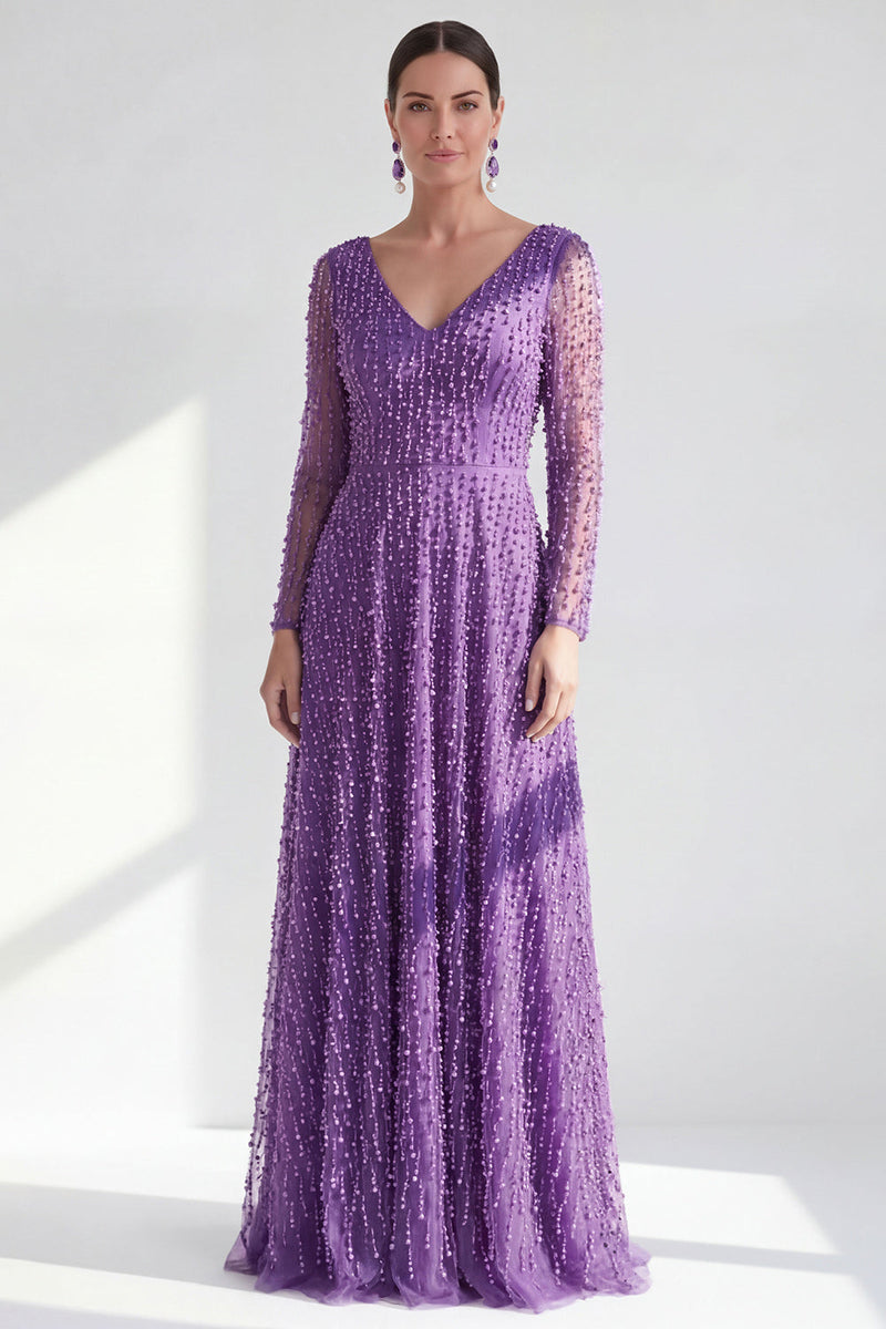 Laden Sie das Bild in den Galerie-Viewer, A-Linie Dunkelviolettes V-Ausschnitt Langes Kleid der Mutter der Braut mit langen Ärmeln