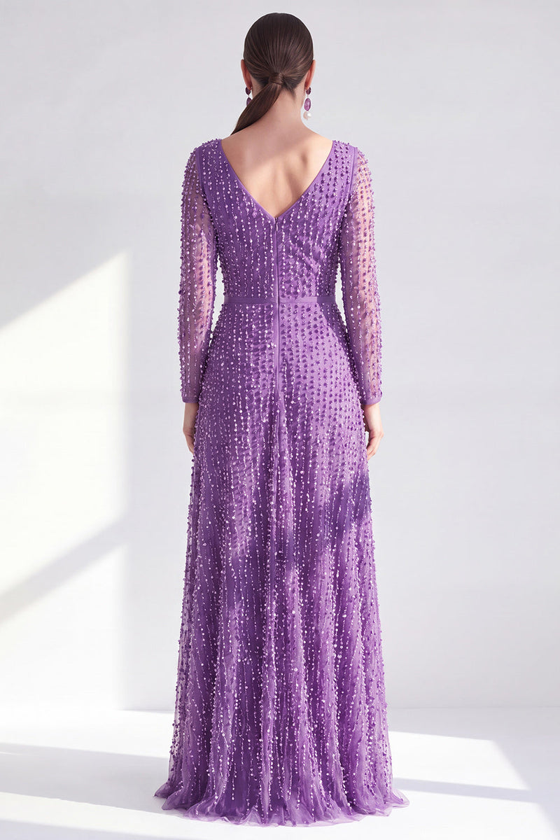 Laden Sie das Bild in den Galerie-Viewer, A-Linie Dunkelviolettes V-Ausschnitt Langes Kleid der Mutter der Braut mit langen Ärmeln