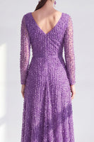 Laden Sie das Bild in den Galerie-Viewer, A-Linie Dunkelviolettes V-Ausschnitt Langes Kleid der Mutter der Braut mit langen Ärmeln