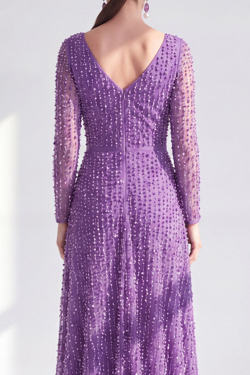 Laden Sie das Bild in den Galerie-Viewer, A-Linie Dunkelviolettes V-Ausschnitt Langes Kleid der Mutter der Braut mit langen Ärmeln