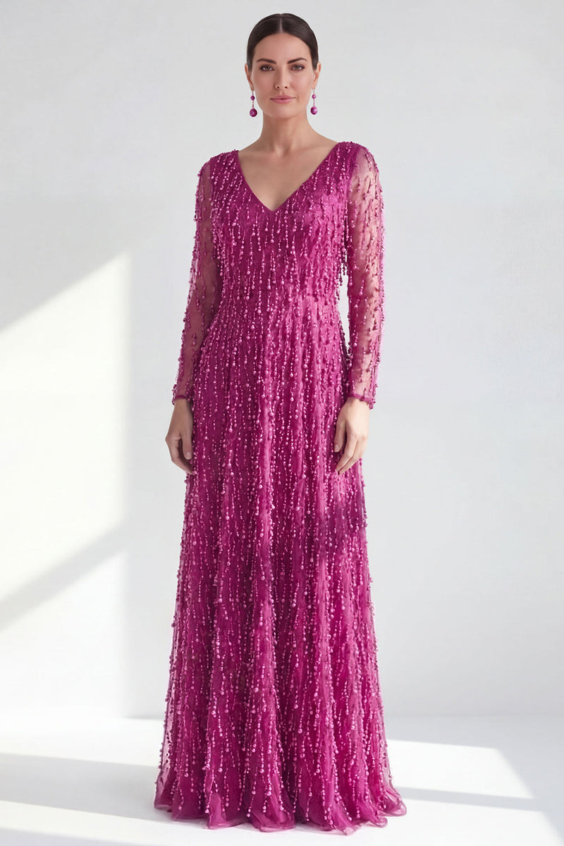 Laden Sie das Bild in den Galerie-Viewer, A-Linie Dunkelviolettes V-Ausschnitt Langes Kleid der Mutter der Braut mit langen Ärmeln