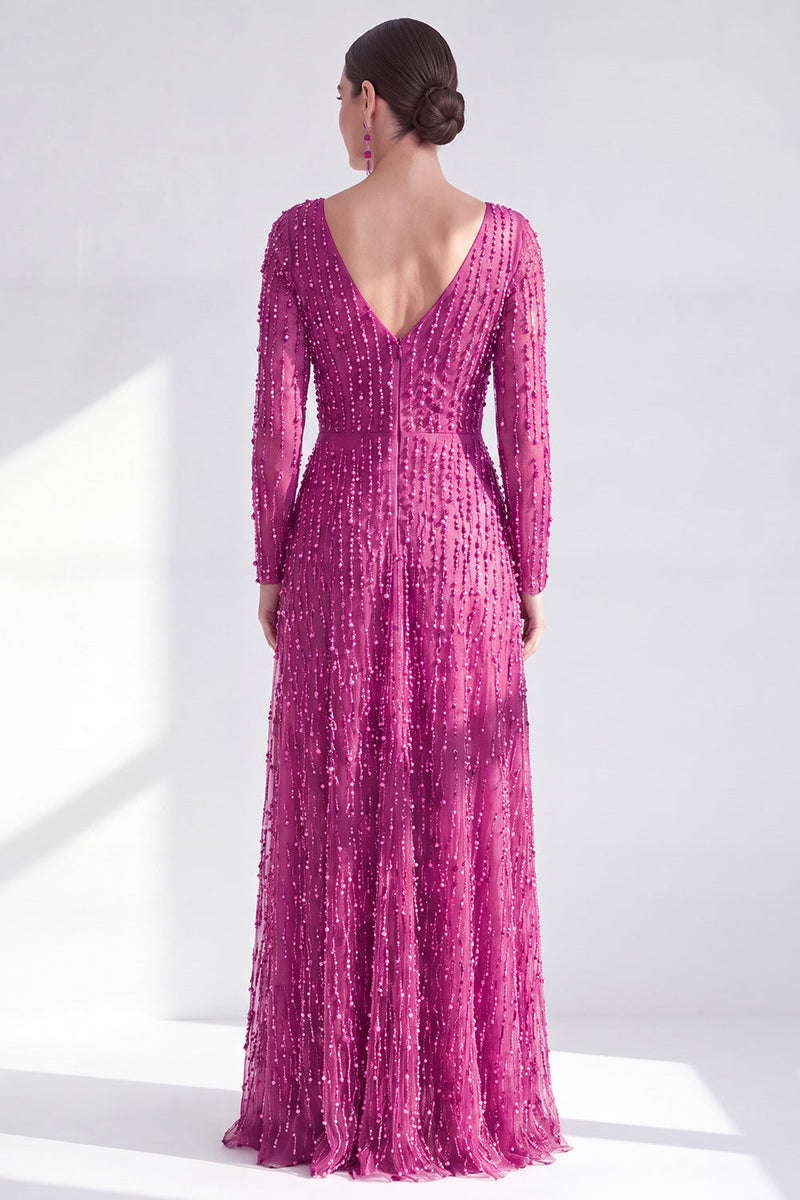 Laden Sie das Bild in den Galerie-Viewer, A-Linie Dunkelviolettes V-Ausschnitt Langes Kleid der Mutter der Braut mit langen Ärmeln