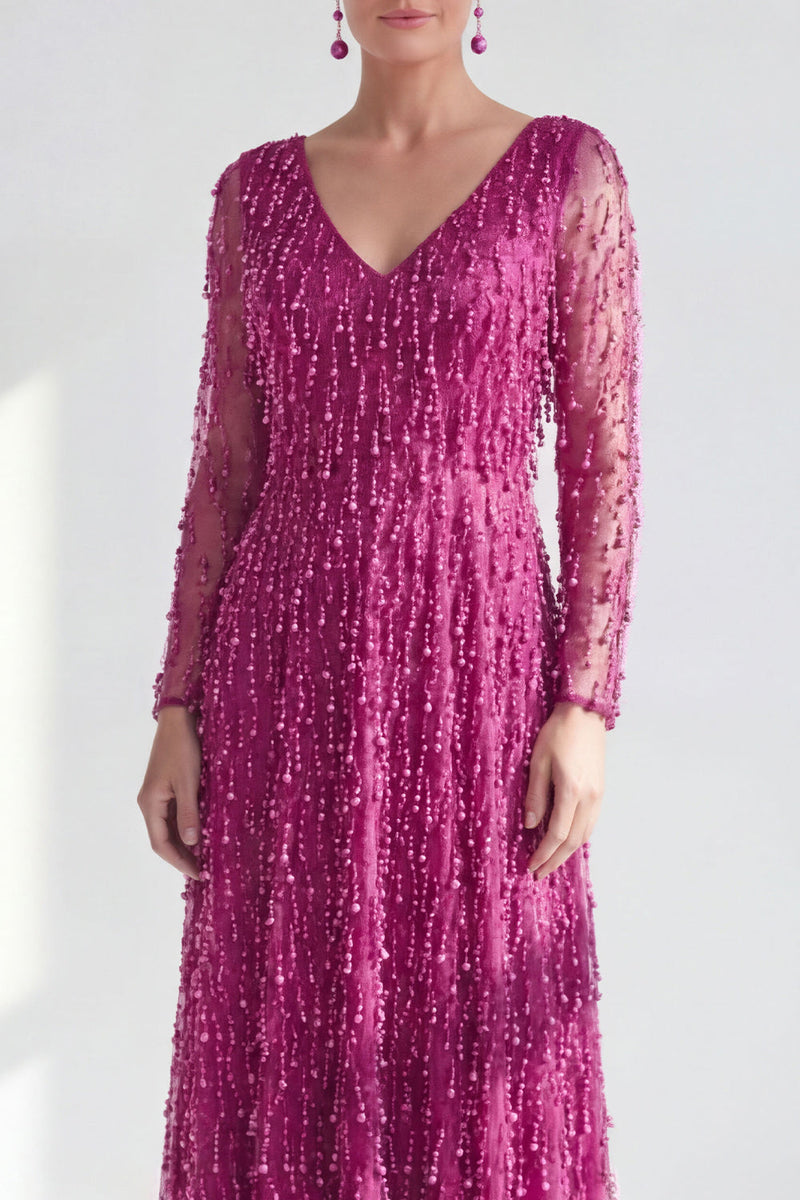 Laden Sie das Bild in den Galerie-Viewer, A-Linie Dunkelviolettes V-Ausschnitt Langes Kleid der Mutter der Braut mit langen Ärmeln