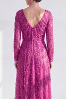 Laden Sie das Bild in den Galerie-Viewer, A-Linie Dunkelviolettes V-Ausschnitt Langes Kleid der Mutter der Braut mit langen Ärmeln