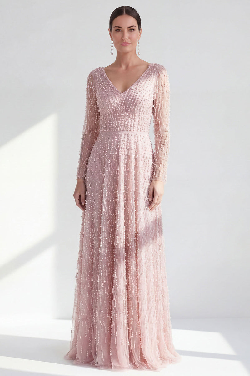 Laden Sie das Bild in den Galerie-Viewer, A-Linie Dunkelviolettes V-Ausschnitt Langes Kleid der Mutter der Braut mit langen Ärmeln