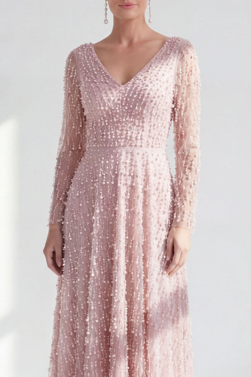 Laden Sie das Bild in den Galerie-Viewer, A-Linie Dunkelviolettes V-Ausschnitt Langes Kleid der Mutter der Braut mit langen Ärmeln