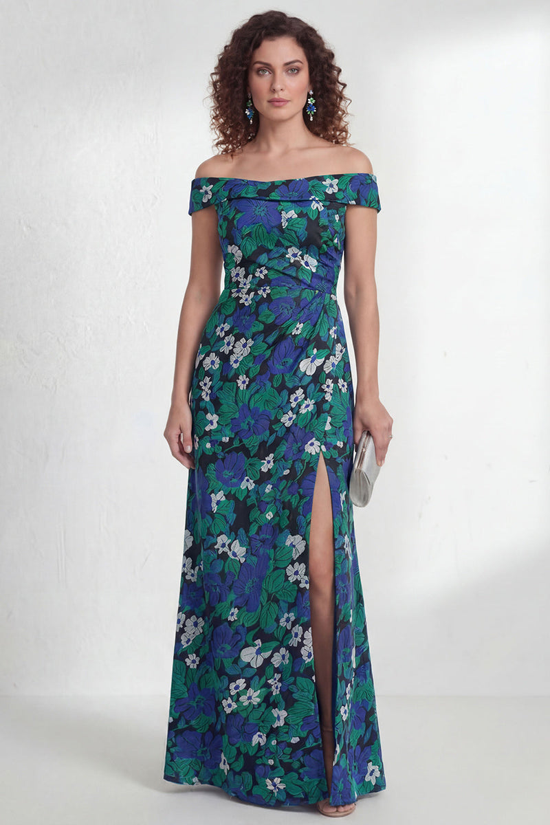 Laden Sie das Bild in den Galerie-Viewer, Off-the-shoulder Grüne Blume Meerjungfrau Gerafftes Langes Mutter-der-Braut-Kleid mit Schlitz