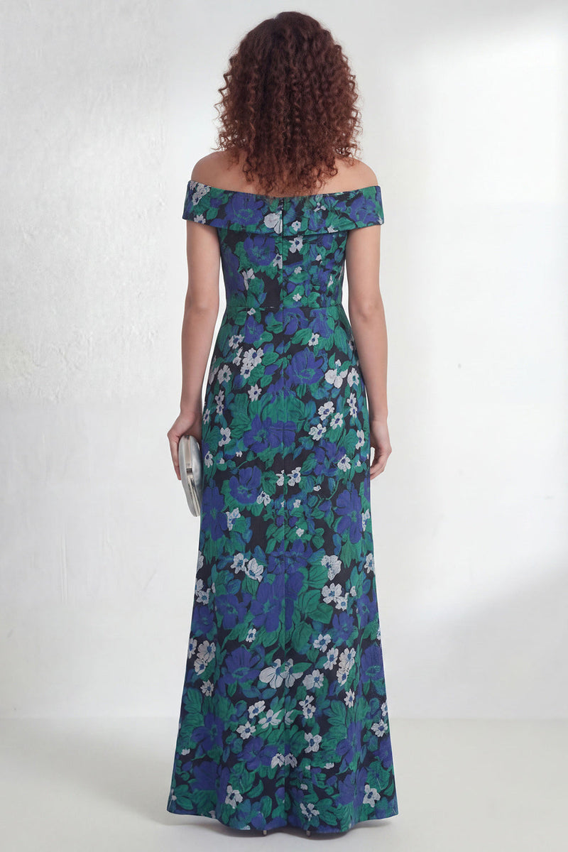 Laden Sie das Bild in den Galerie-Viewer, Off-the-shoulder Grüne Blume Meerjungfrau Gerafftes Langes Mutter-der-Braut-Kleid mit Schlitz
