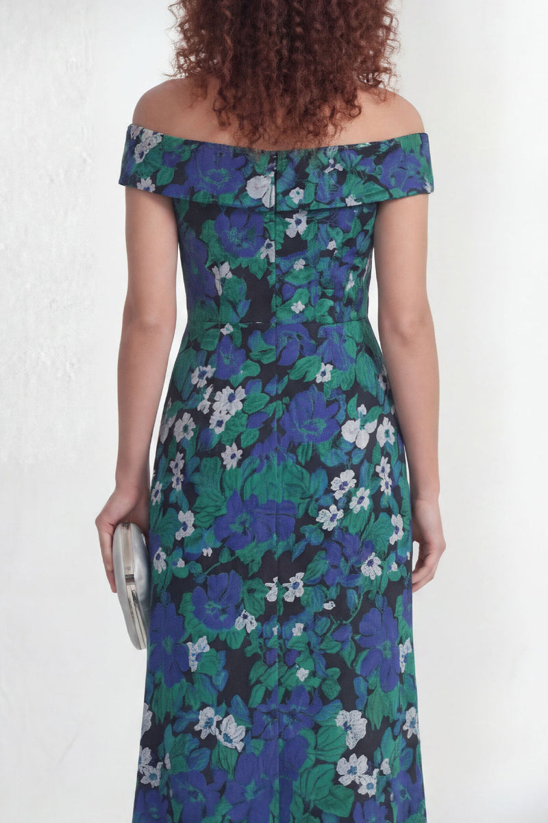Laden Sie das Bild in den Galerie-Viewer, Off-the-shoulder Grüne Blume Meerjungfrau Gerafftes Langes Mutter-der-Braut-Kleid mit Schlitz