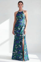 Laden Sie das Bild in den Galerie-Viewer, Neckholderhals Grüne Blume Meerjungfrau Perlen Gerafftes Langes Mutter-der-Braut-Kleid mit Schlitz