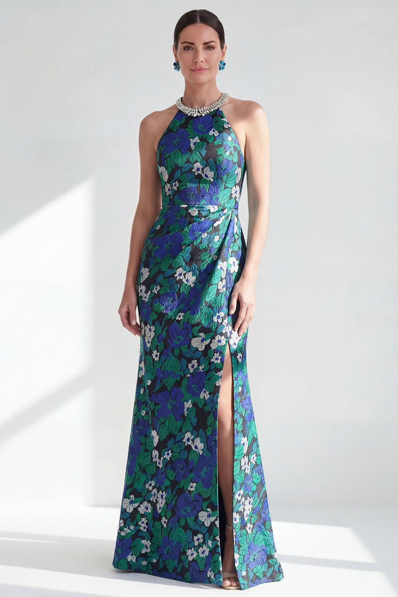 Laden Sie das Bild in den Galerie-Viewer, Neckholderhals Grüne Blume Meerjungfrau Perlen Gerafftes Langes Mutter-der-Braut-Kleid mit Schlitz