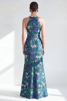 Laden Sie das Bild in den Galerie-Viewer, Neckholderhals Grüne Blume Meerjungfrau Perlen Gerafftes Langes Mutter-der-Braut-Kleid mit Schlitz