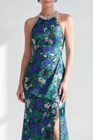 Laden Sie das Bild in den Galerie-Viewer, Neckholderhals Grüne Blume Meerjungfrau Perlen Gerafftes Langes Mutter-der-Braut-Kleid mit Schlitz