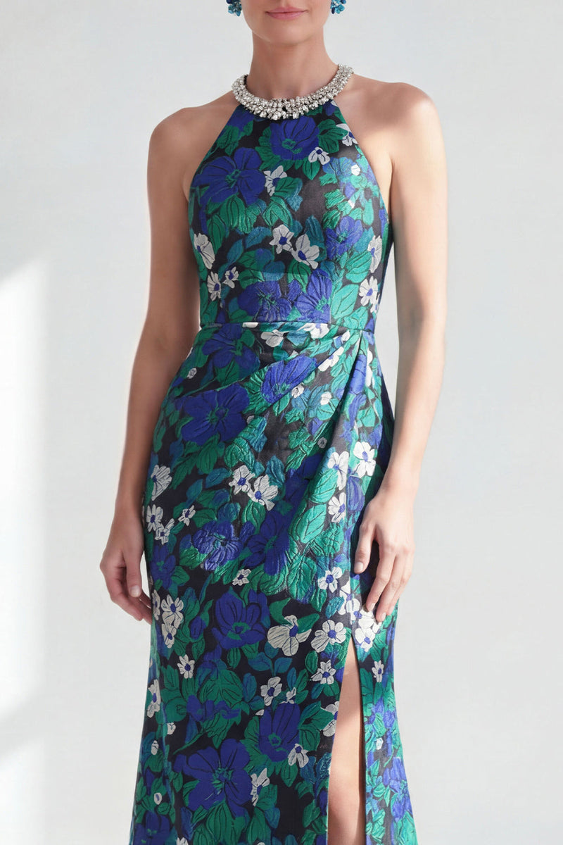 Laden Sie das Bild in den Galerie-Viewer, Neckholderhals Grüne Blume Meerjungfrau Perlen Gerafftes Langes Mutter-der-Braut-Kleid mit Schlitz
