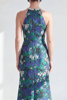 Laden Sie das Bild in den Galerie-Viewer, Neckholderhals Grüne Blume Meerjungfrau Perlen Gerafftes Langes Mutter-der-Braut-Kleid mit Schlitz