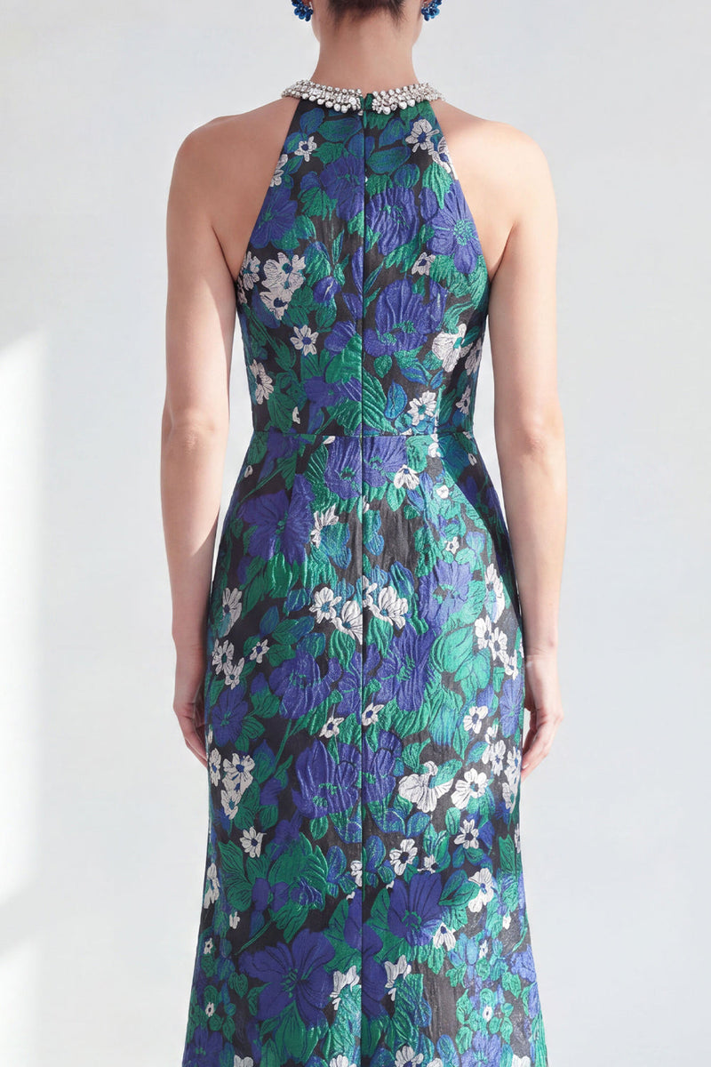 Laden Sie das Bild in den Galerie-Viewer, Neckholderhals Grüne Blume Meerjungfrau Perlen Gerafftes Langes Mutter-der-Braut-Kleid mit Schlitz