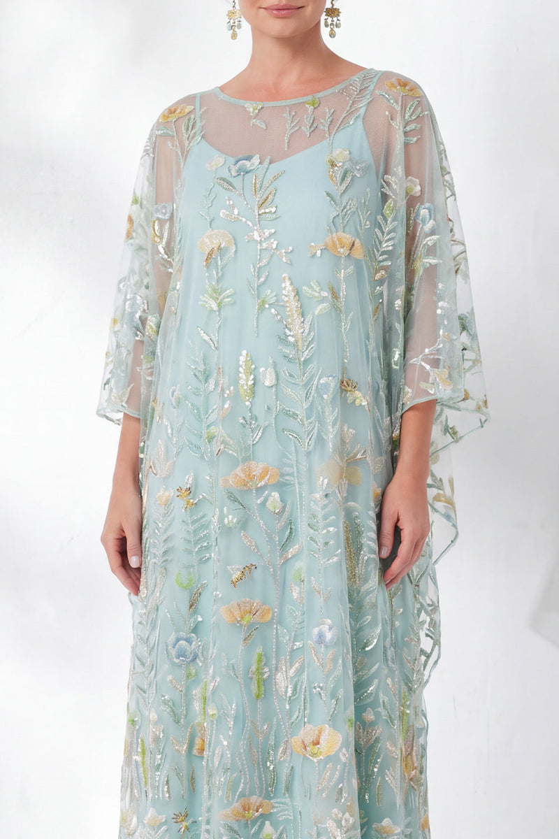 Laden Sie das Bild in den Galerie-Viewer, Marineblaue Scheide mit Blumen und rundhalsbesticktem Mutter-der-Braut-Kleid