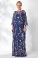 Laden Sie das Bild in den Galerie-Viewer, Marineblaue Scheide mit Blumen und rundhalsbesticktem Mutter-der-Braut-Kleid