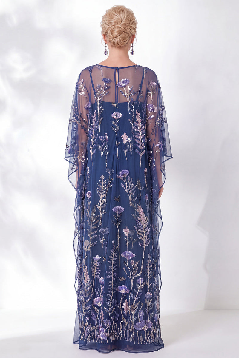 Laden Sie das Bild in den Galerie-Viewer, Marineblaue Scheide mit Blumen und rundhalsbesticktem Mutter-der-Braut-Kleid